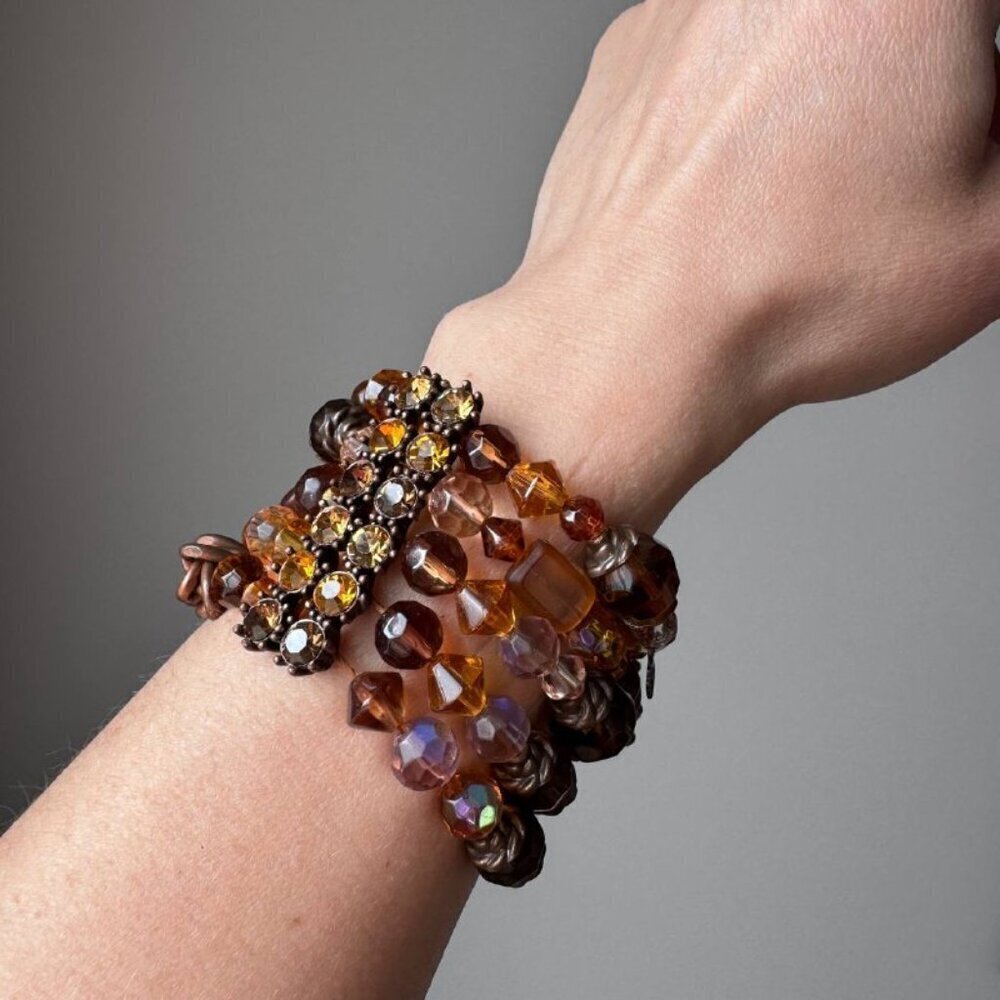 Boho-Chic Women’s Chunky Multilayer Bracelet with Crystals & Chains in Amber/Bro - Picture 7 of 7